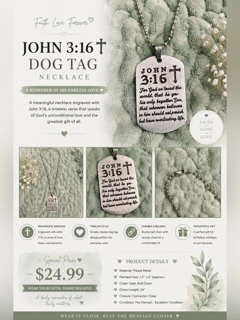 John 3:16 Engraved Dog Tag Necklace - Silver